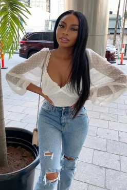 Rebellious Fashion White Swiss Dot Frill Trim Crop Top - Mena