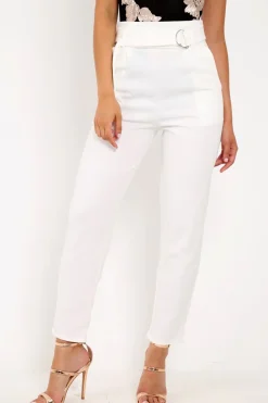 Rebellious Fashion White Tapered Belted Cigarette Trousers - Myasia