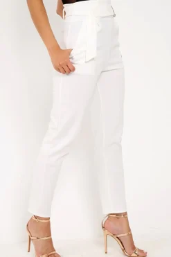 Rebellious Fashion White Tapered Belted Cigarette Trousers - Myasia
