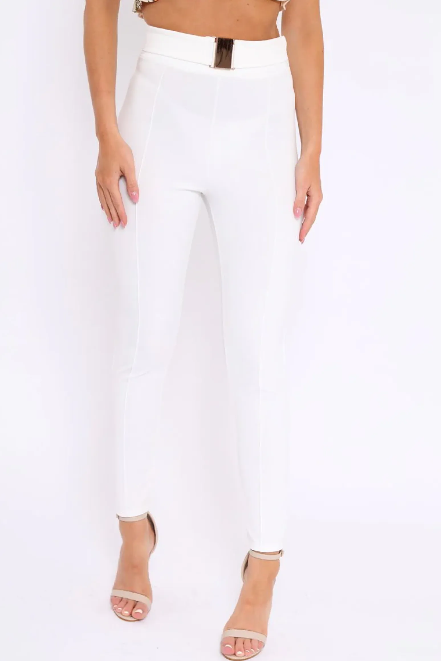 Rebellious Fashion White Tapered Trousers With Gold Buckle - Zyana