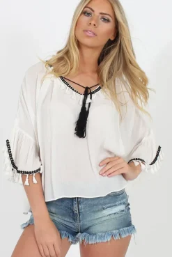 Rebellious Fashion White Tassel Blouse - Maddey