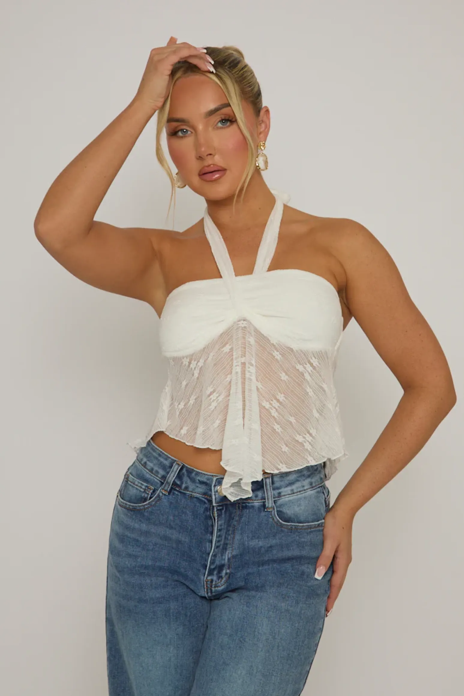 Rebellious Fashion White Textured Halterneck Cami Top - Martina