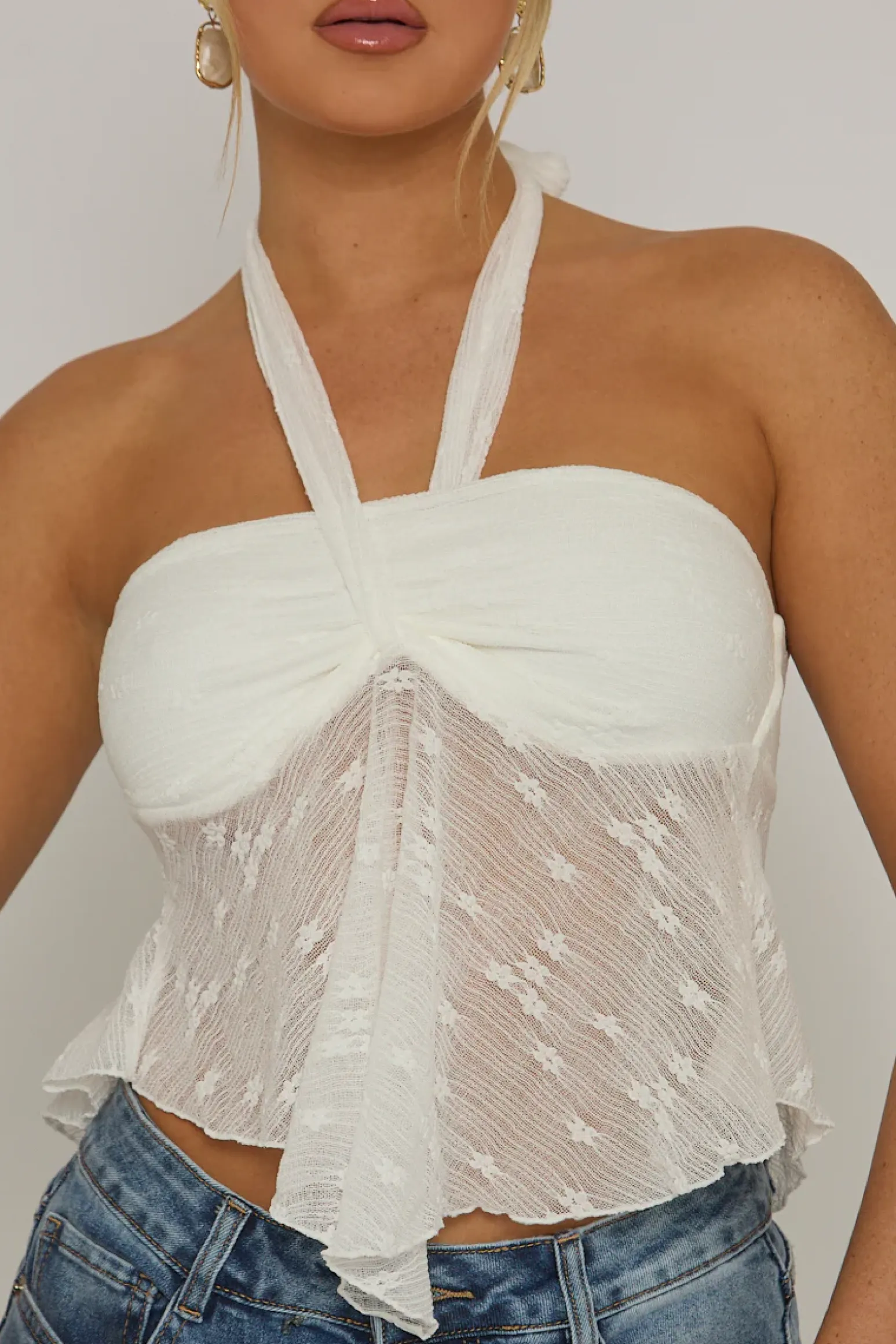 Rebellious Fashion White Textured Halterneck Cami Top - Martina