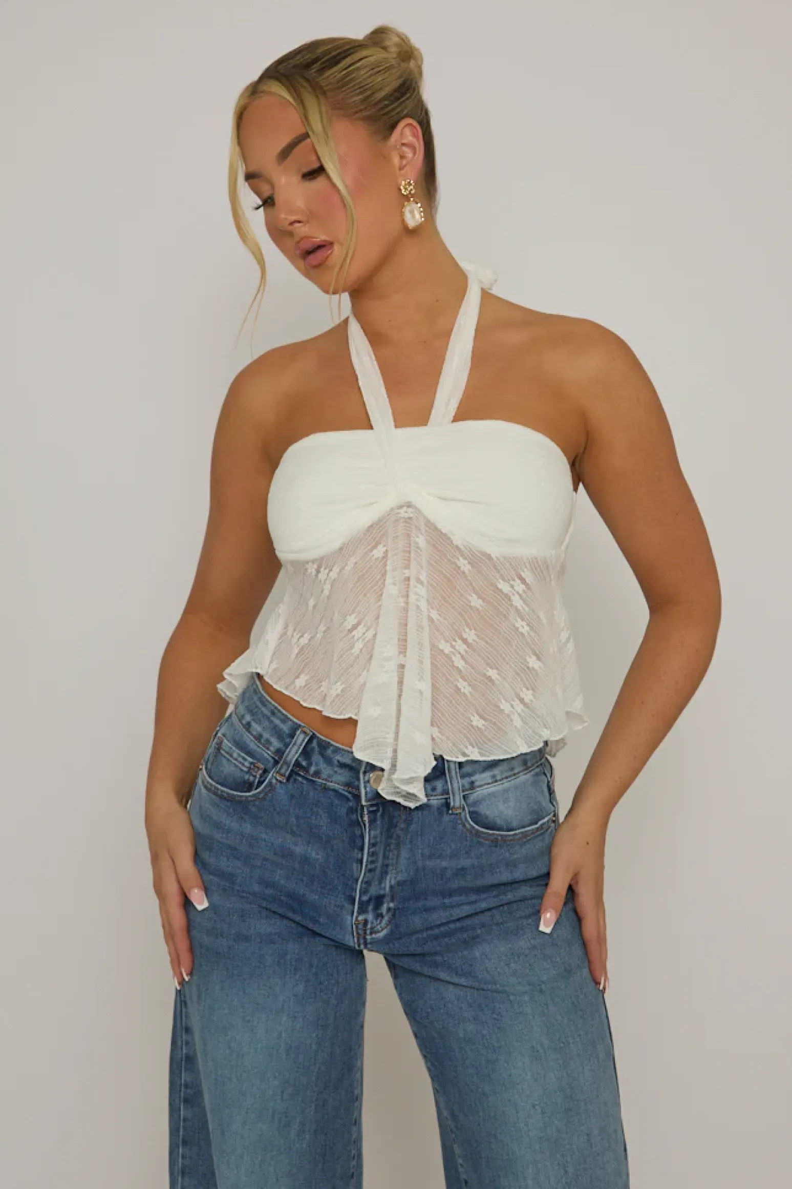 Rebellious Fashion White Textured Halterneck Cami Top - Martina