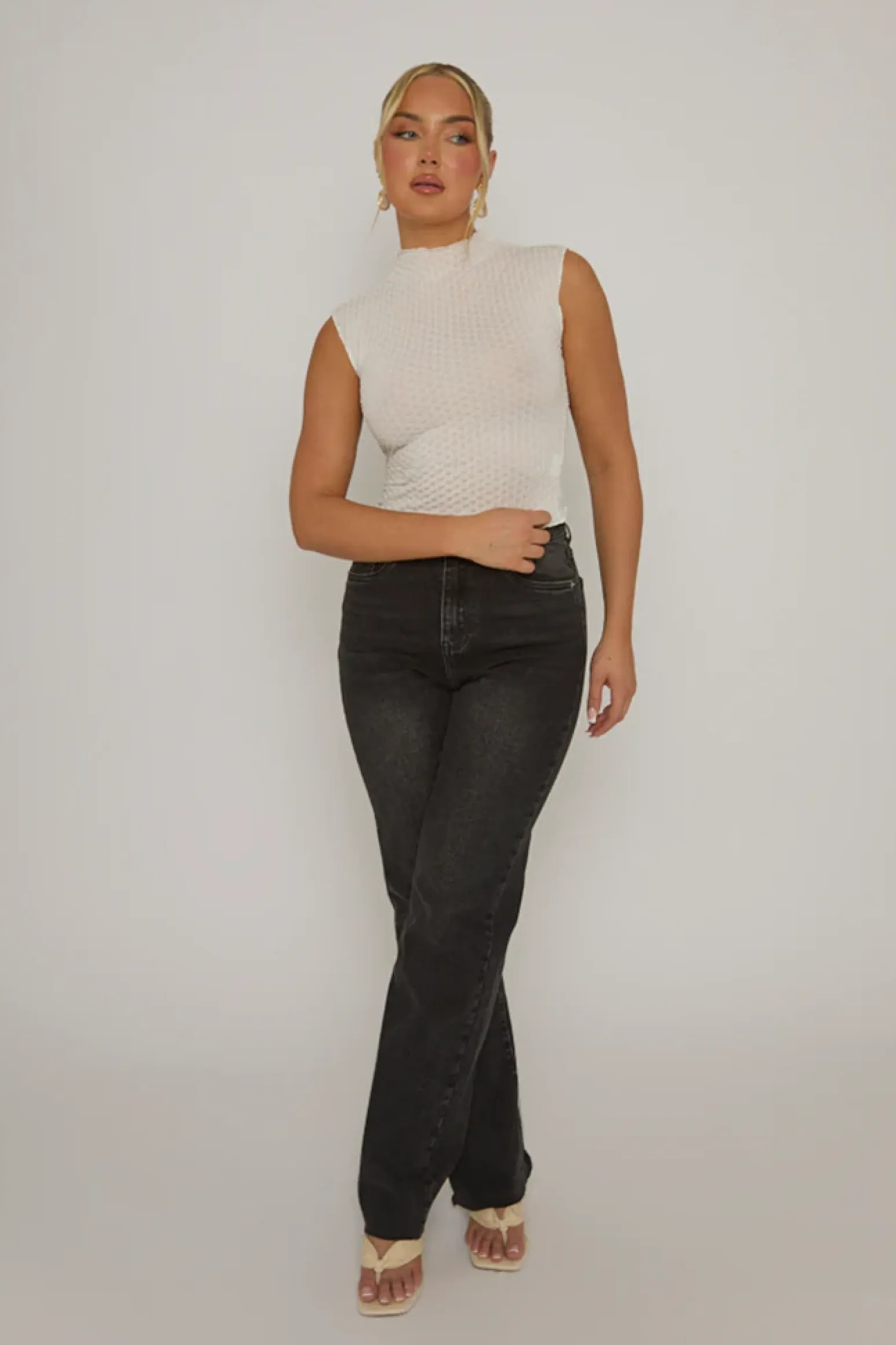 Rebellious Fashion White Textured High Neck Top - Greta