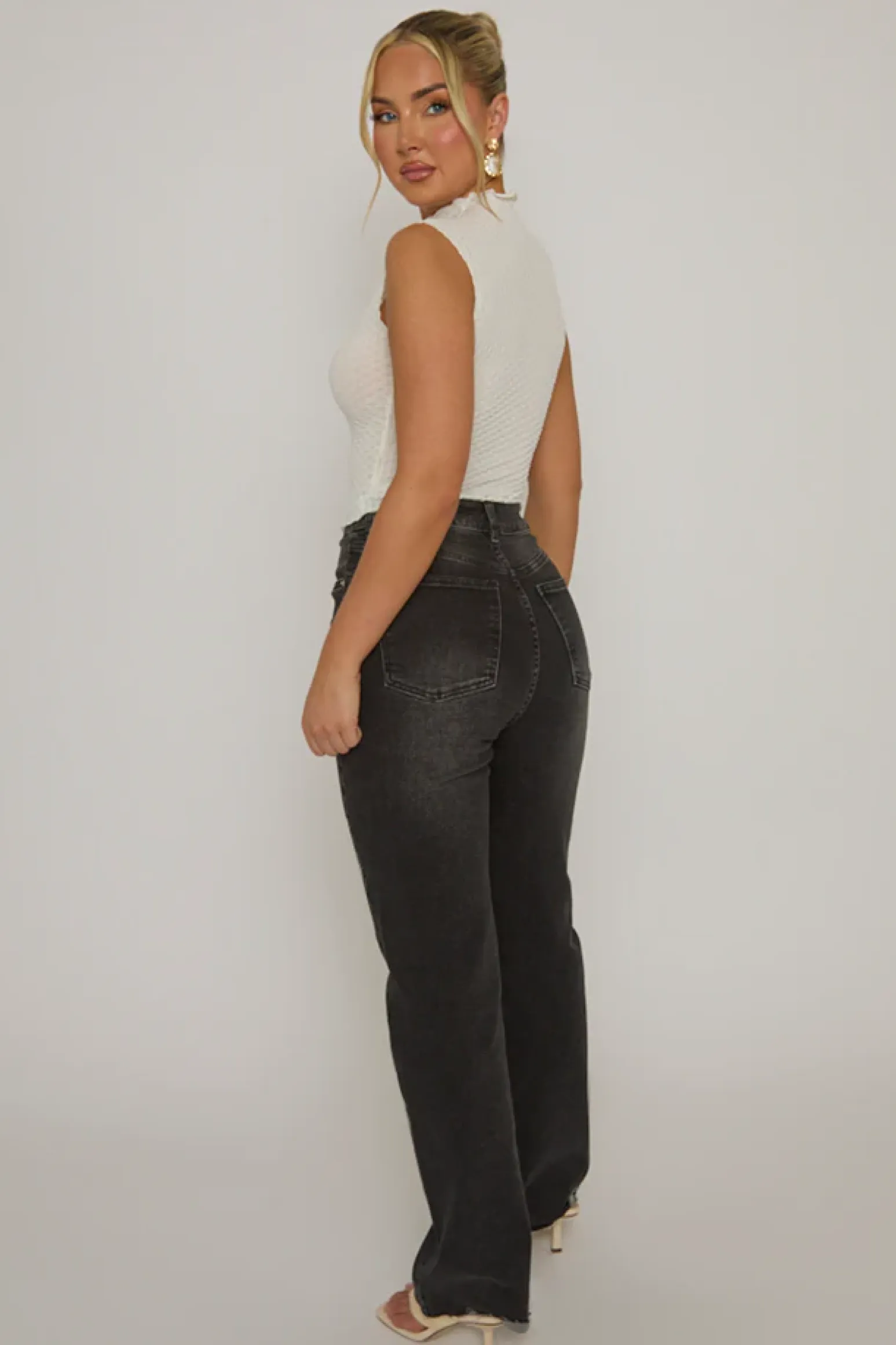 Rebellious Fashion White Textured High Neck Top - Greta