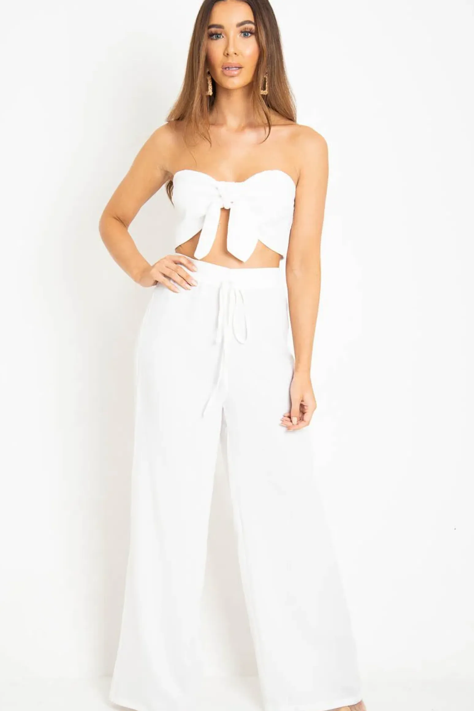 Rebellious Fashion White Tie Front Bandeau Wide Leg Trouser Co-Ord - Roselia
