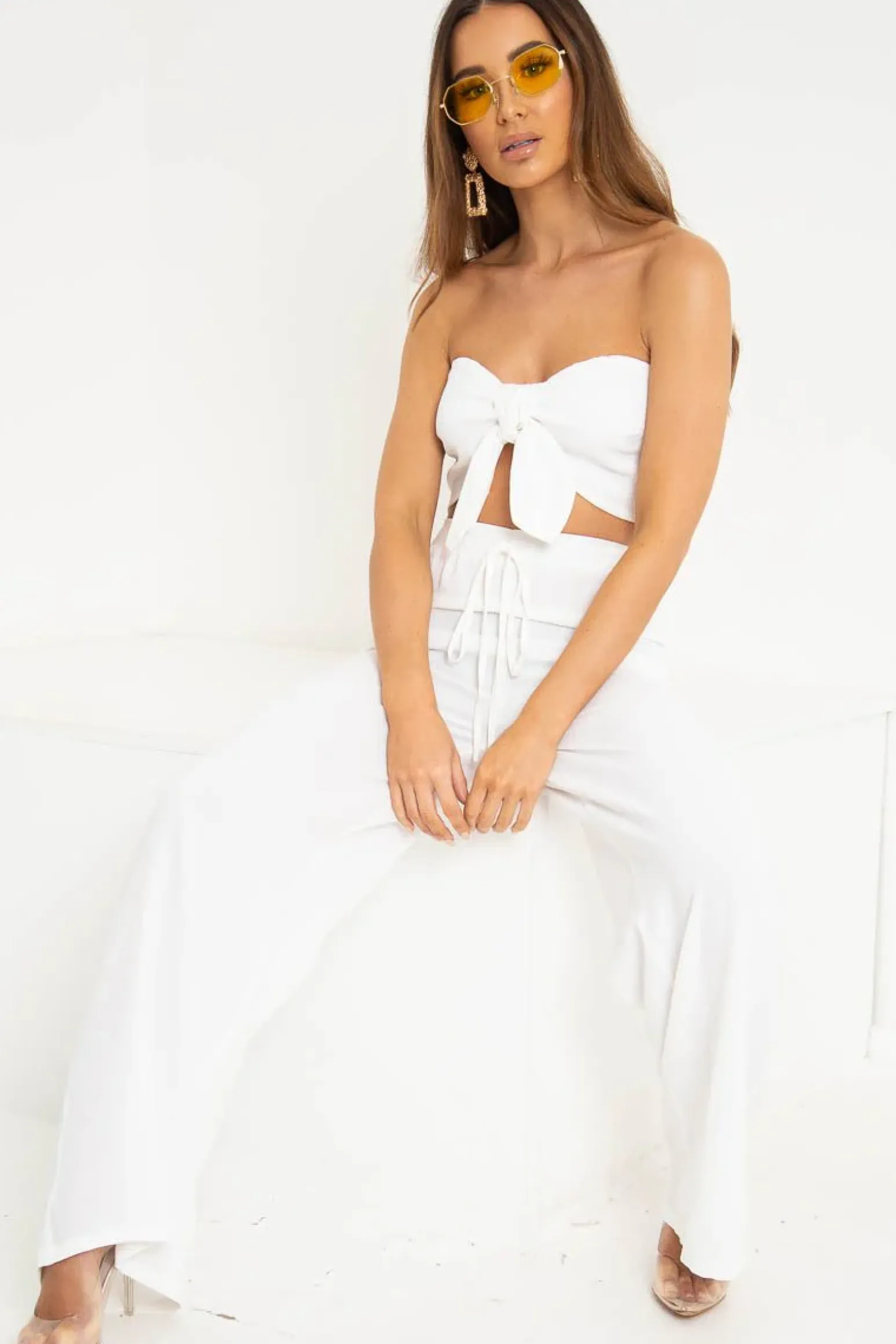 Rebellious Fashion White Tie Front Bandeau Wide Leg Trouser Co-Ord - Roselia