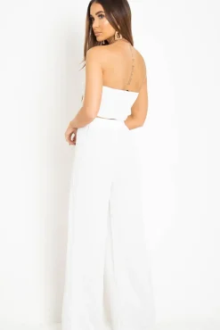 Rebellious Fashion White Tie Front Bandeau Wide Leg Trouser Co-Ord - Roselia