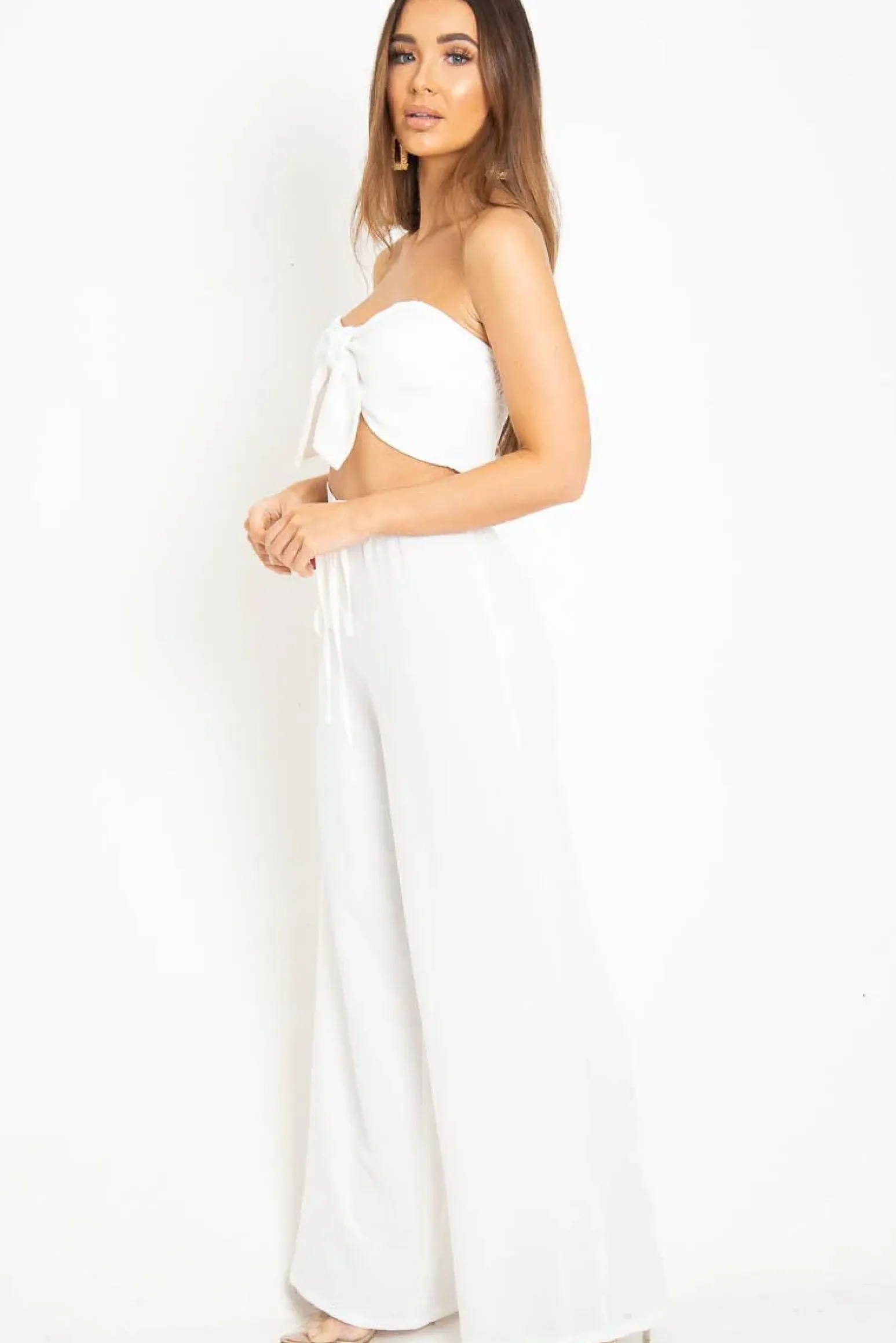 Rebellious Fashion White Tie Front Bandeau Wide Leg Trouser Co-Ord - Roselia