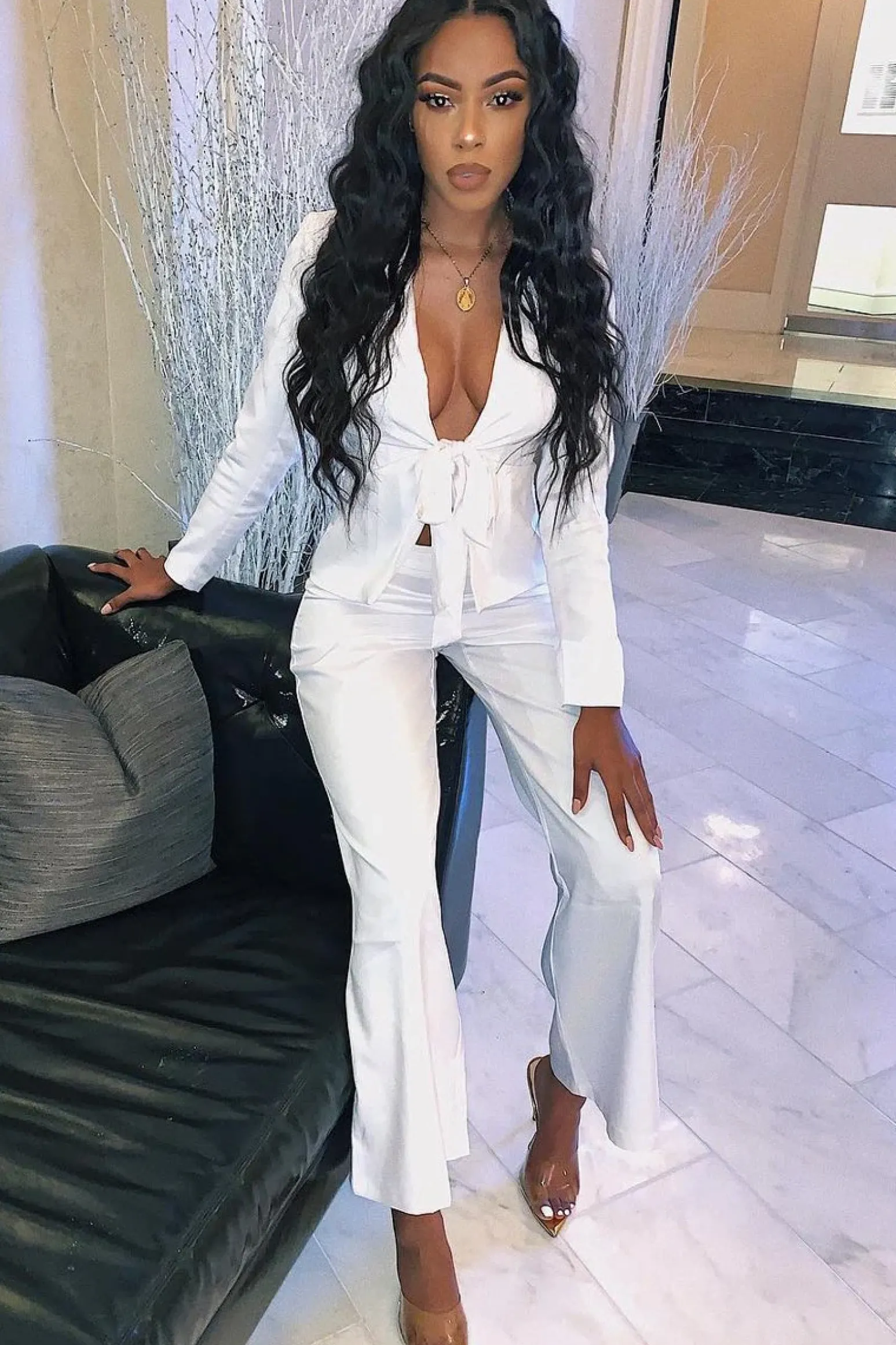 Rebellious Fashion White Tie Front Blazer Wide Leg Trouser Co-Ord - Saphira