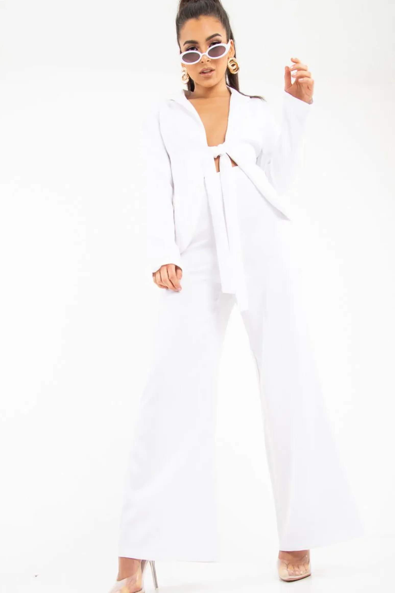 Rebellious Fashion White Tie Front Blazer Wide Leg Trouser Co-Ord - Saphira