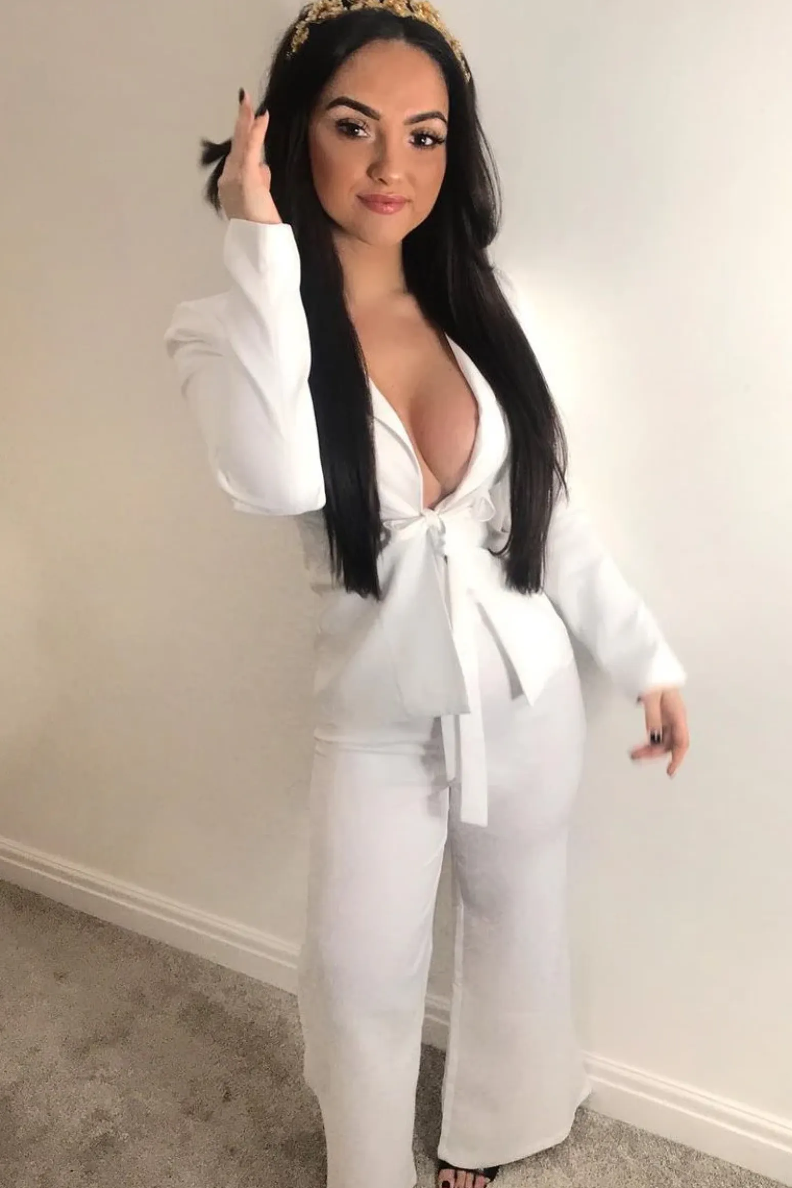 Rebellious Fashion White Tie Front Blazer Wide Leg Trouser Co-Ord - Saphira