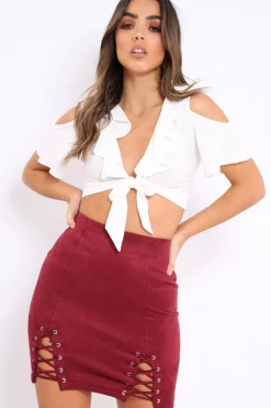 Rebellious Fashion White Tie Front Cold Shoulder Crop Top - Ellinor