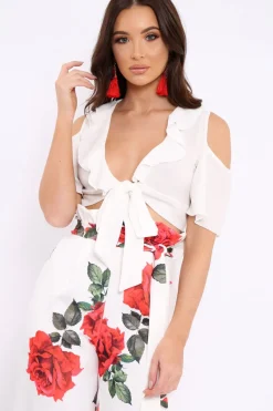 Rebellious Fashion White Tie Front Cold Shoulder Crepe Crop Top - Dalia
