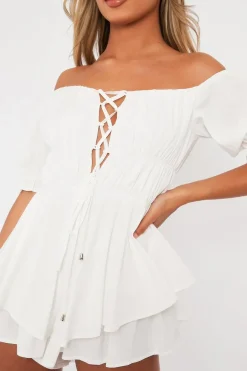 Rebellious Fashion White Tie Front Frill Detail Bardot Playsuit - Cera