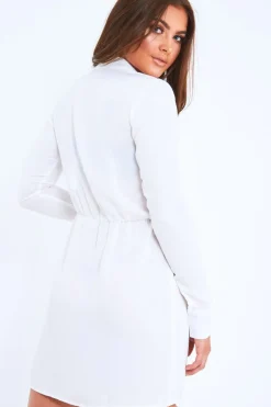 Rebellious Fashion White Tie Front Plunge Wrap Shirt Dress - Bexlee