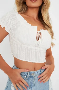 Rebellious Fashion White Tie Front Short Sleeve Crop Top - Denni