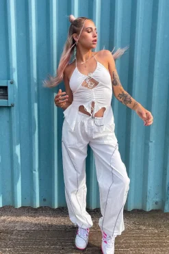 Rebellious Fashion White Toggle Parachute Cargo Trousers - Alura