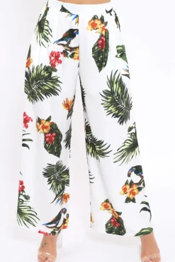 Rebellious Fashion White Tropical Print Wide Leg Trousers - Yasmine