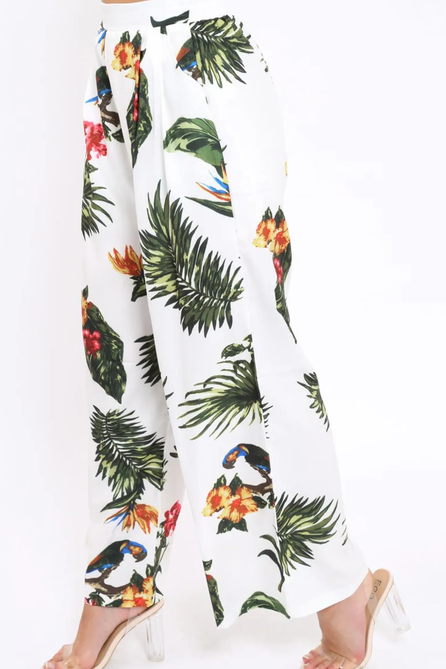 Rebellious Fashion White Tropical Print Wide Leg Trousers - Yasmine