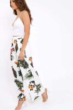 Rebellious Fashion White Tropical Print Wide Leg Trousers - Yasmine