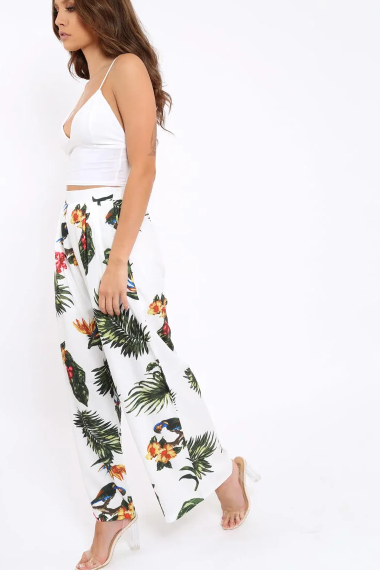 Rebellious Fashion White Tropical Print Wide Leg Trousers - Yasmine