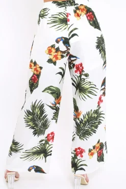 Rebellious Fashion White Tropical Print Wide Leg Trousers - Yasmine