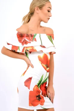 Rebellious Fashion White Tulip Bardot Bodycon Dress - Kelis