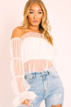 Rebellious Fashion White Tulle Mesh Bardot Crop Top - Gemini