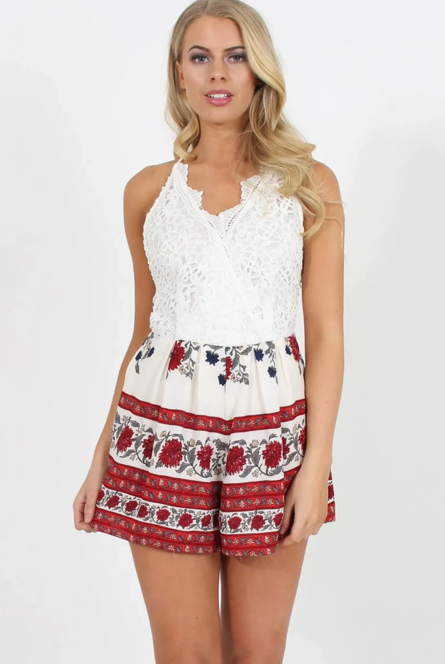 Rebellious Fashion White V Front Crochet Playsuit - Reese