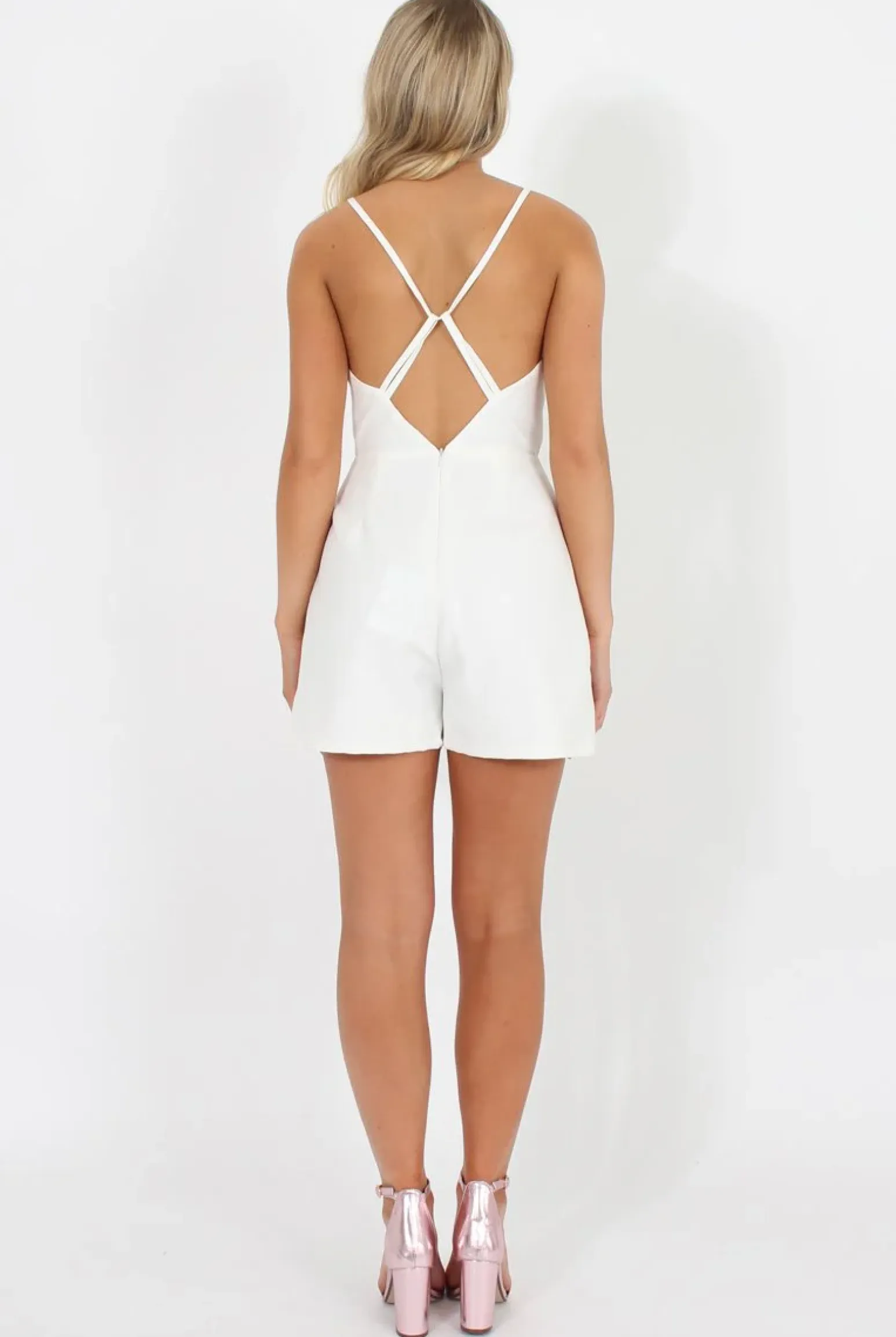 Rebellious Fashion White V Front Playsuit - Tazmin