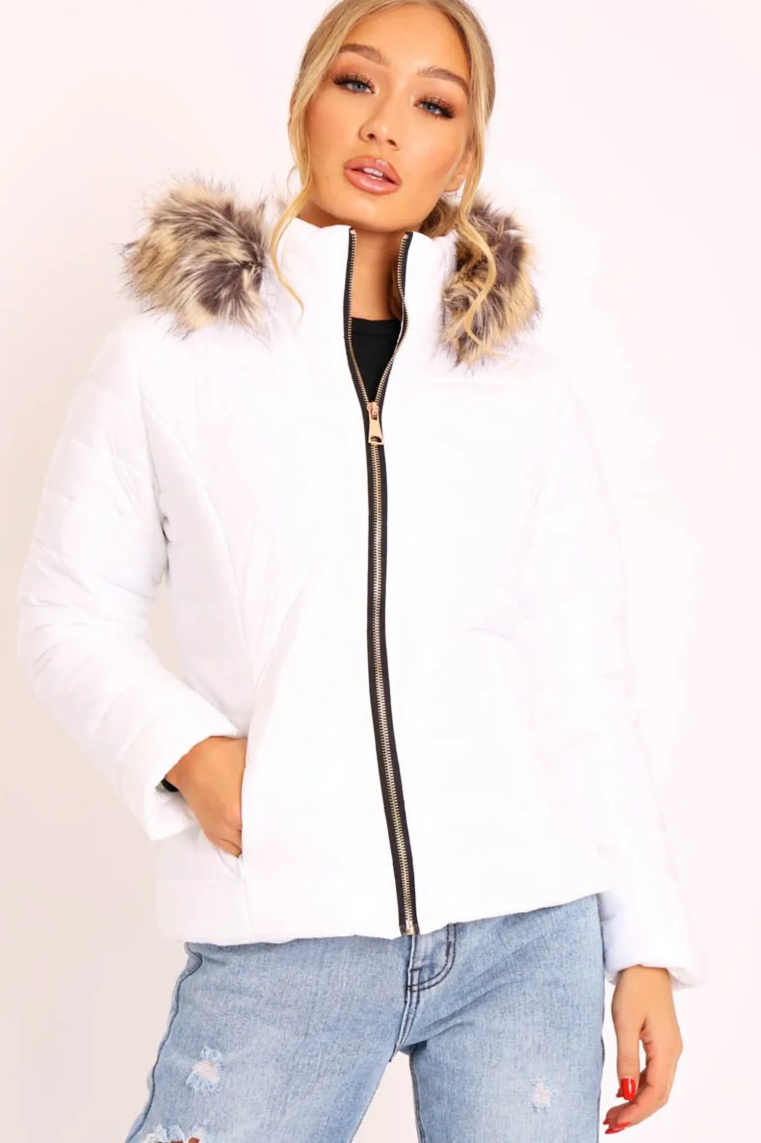 Rebellious Fashion White Wet Look Puffer Coat - Soph