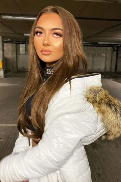 Rebellious Fashion White Wet Look Puffer Coat - Soph