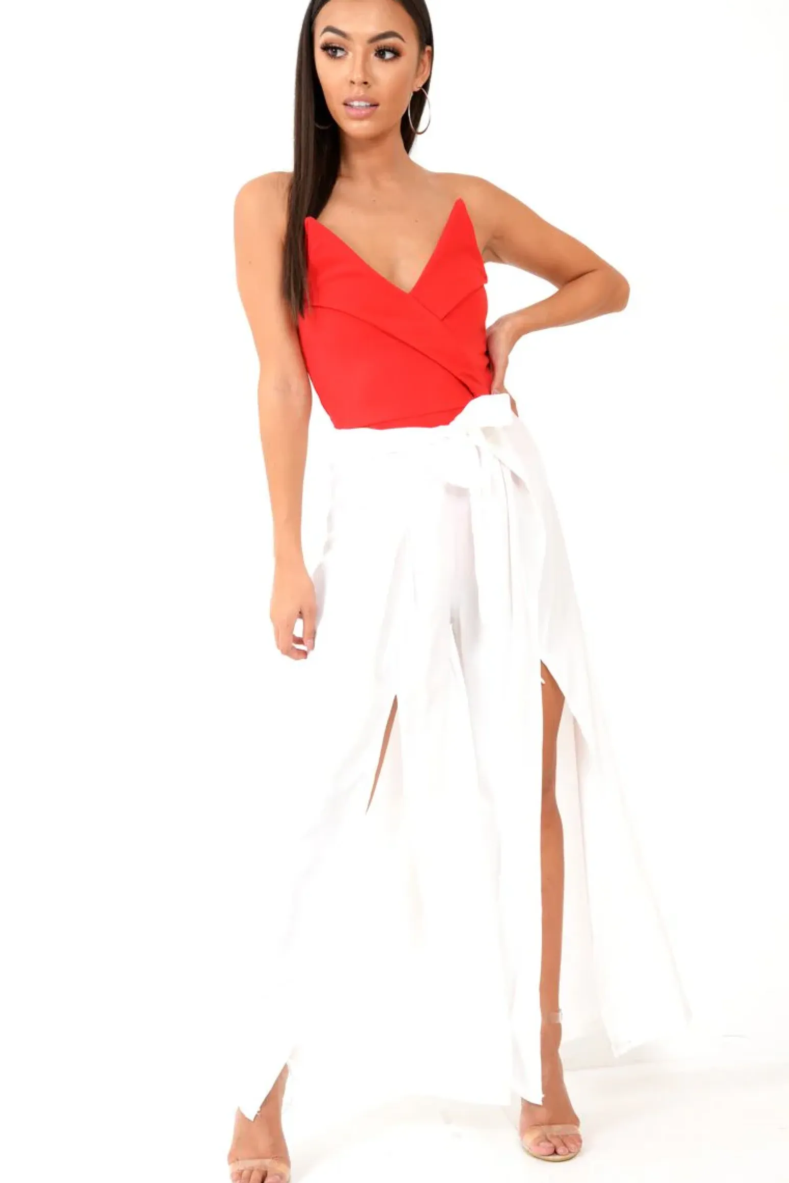 Rebellious Fashion White Wide Leg Belted Split Front Trousers - Aamira