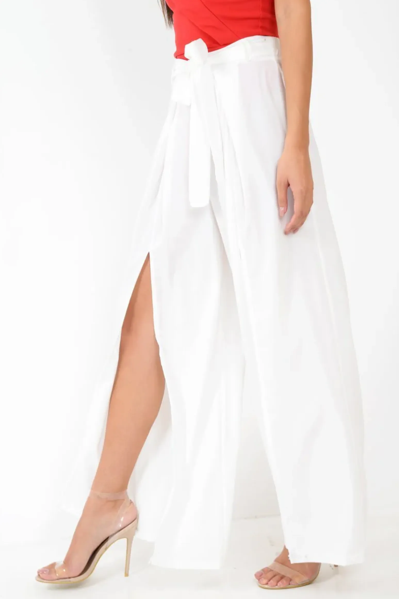 Rebellious Fashion White Wide Leg Belted Split Front Trousers - Aamira