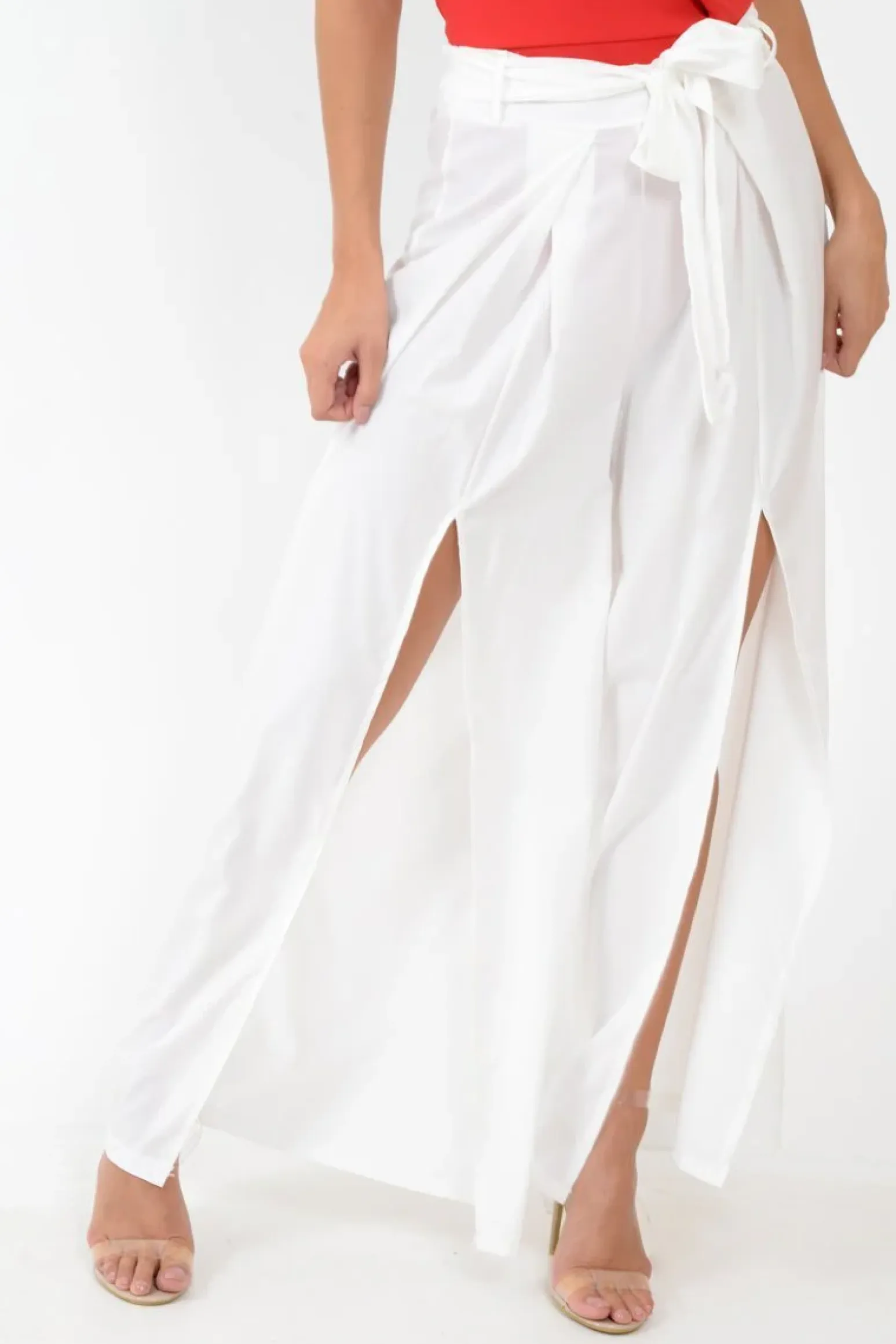 Rebellious Fashion White Wide Leg Belted Split Front Trousers - Aamira