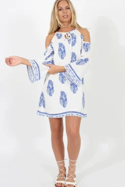 Rebellious Fashion White With Large Blue Paisley Print Cold Shoulder Dress - Penelope
