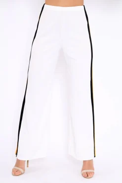 Rebellious Fashion White with Mustard and Black Side Stripe Wide Leg Trousers - Wiley