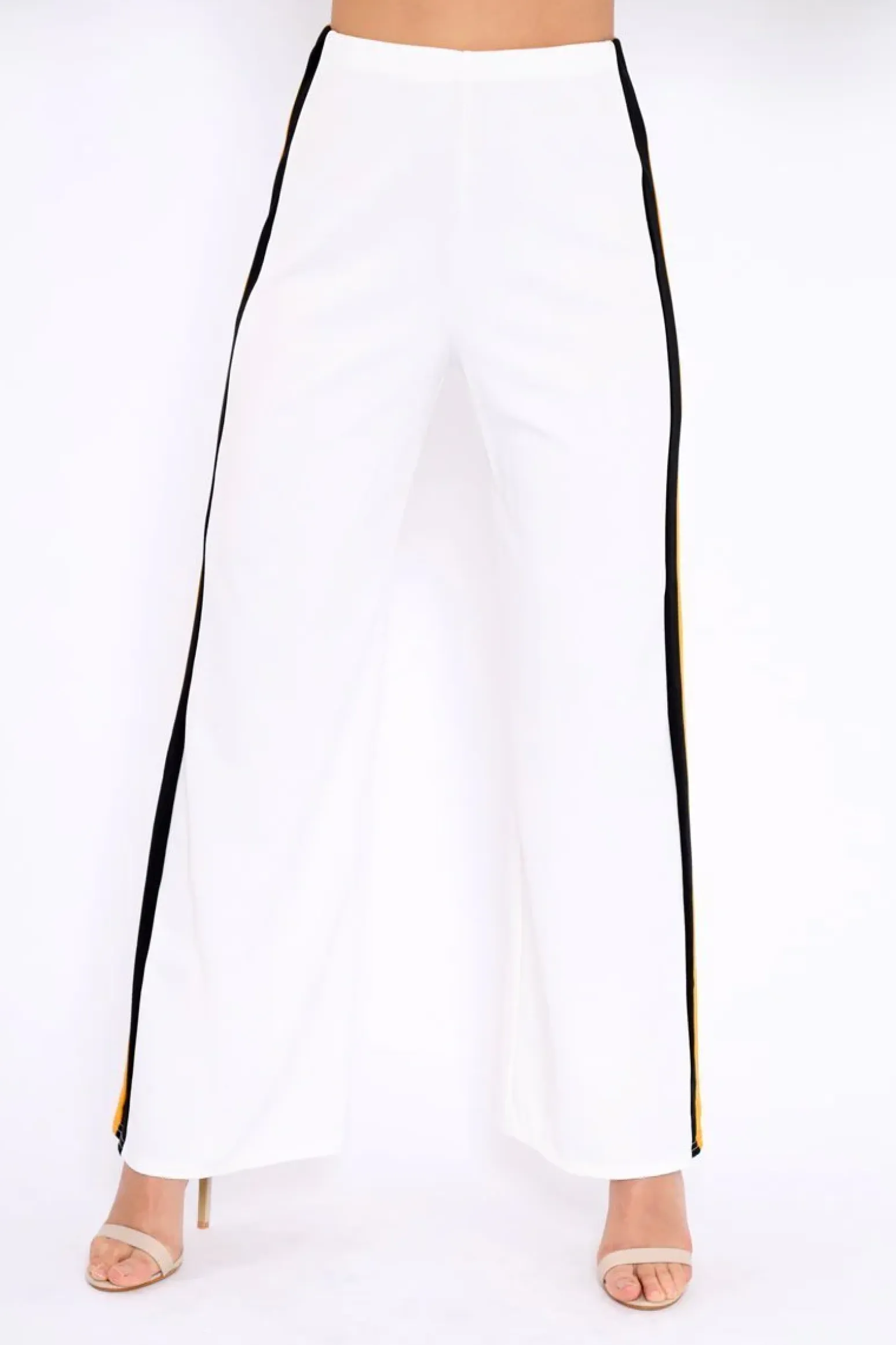 Rebellious Fashion White with Mustard and Black Side Stripe Wide Leg Trousers - Wiley