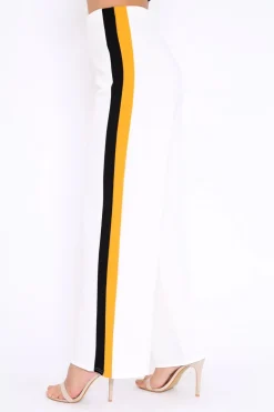 Rebellious Fashion White with Mustard and Black Side Stripe Wide Leg Trousers - Wiley