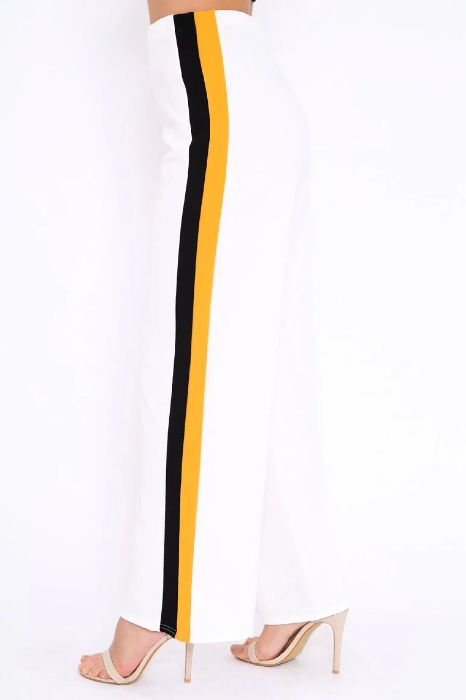 Rebellious Fashion White with Mustard and Black Side Stripe Wide Leg Trousers - Wiley