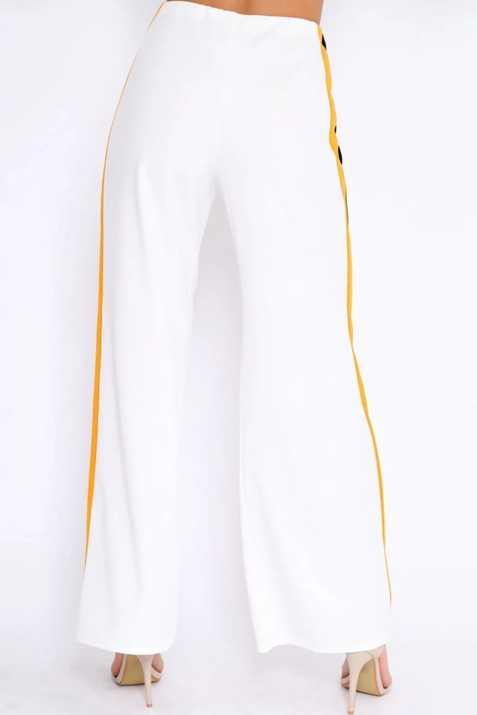 Rebellious Fashion White with Mustard and Black Side Stripe Wide Leg Trousers - Wiley