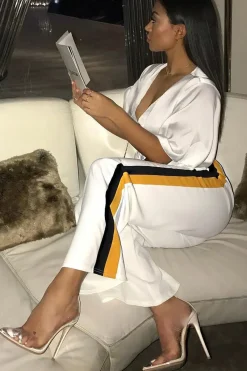 Rebellious Fashion White with Mustard and Black Side Stripe Wide Leg Trousers - Wiley