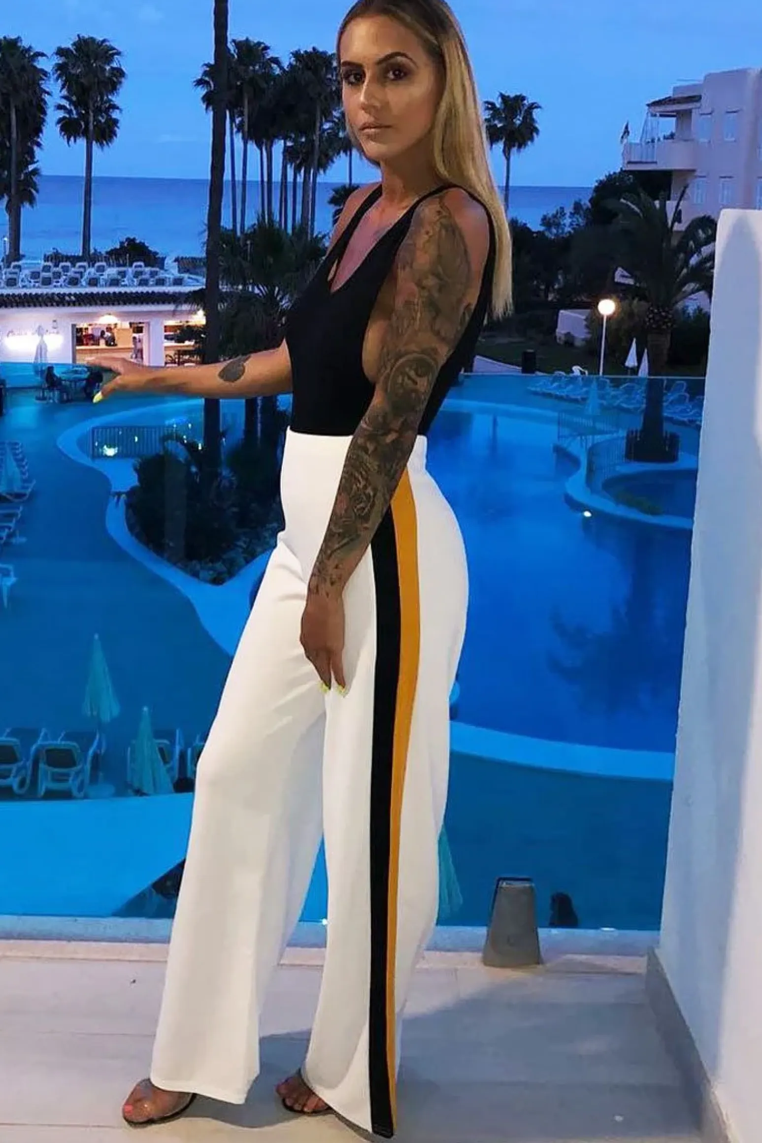 Rebellious Fashion White with Mustard and Black Side Stripe Wide Leg Trousers - Wiley