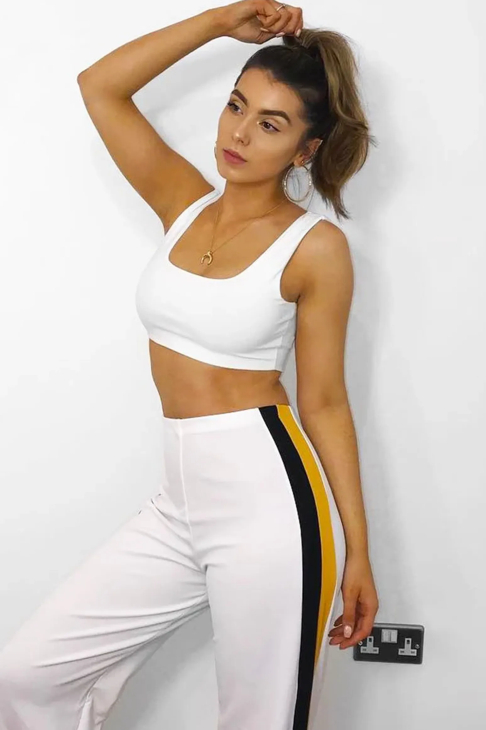Rebellious Fashion White with Mustard and Black Side Stripe Wide Leg Trousers - Wiley