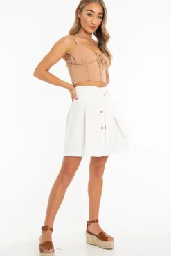 Rebellious Fashion White Woven Button Front Pleated Mini Skirt - Louisa