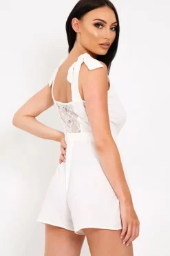 Rebellious Fashion White Wrap Over Lace Back Playsuit - Irish