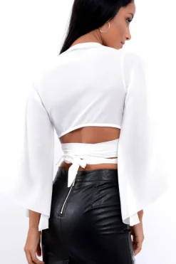 Rebellious Fashion White Wrap Tie Crop Blouse - Kay