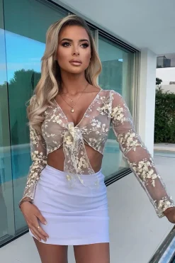Rebellious Fashion White Yellow Mesh Floral Tie Front Crop Top - Elana